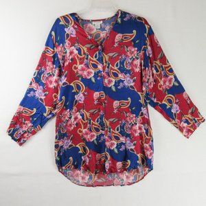 Vintage Robert Stock Red Pink Blue Printed Silk Pajama Top Size S Button Down